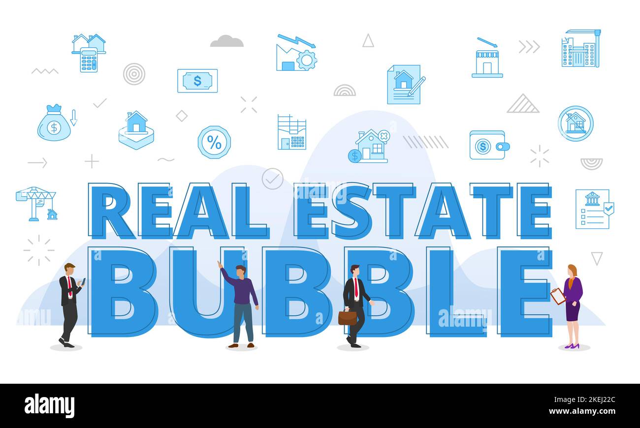 real estate bubble concept with big words and people surrounded by