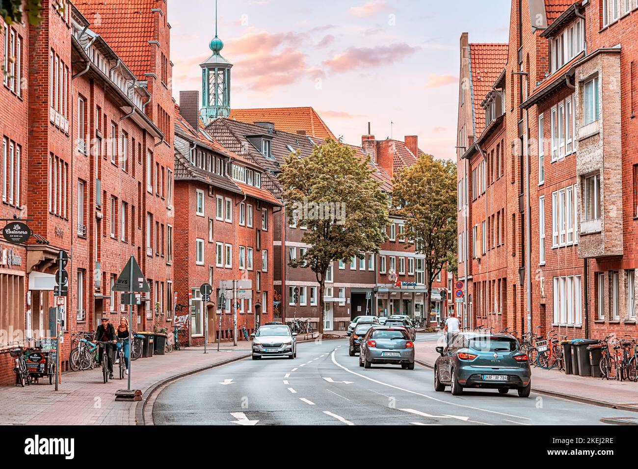 26 July 2022, Munster, Germany Old town City street with cars and