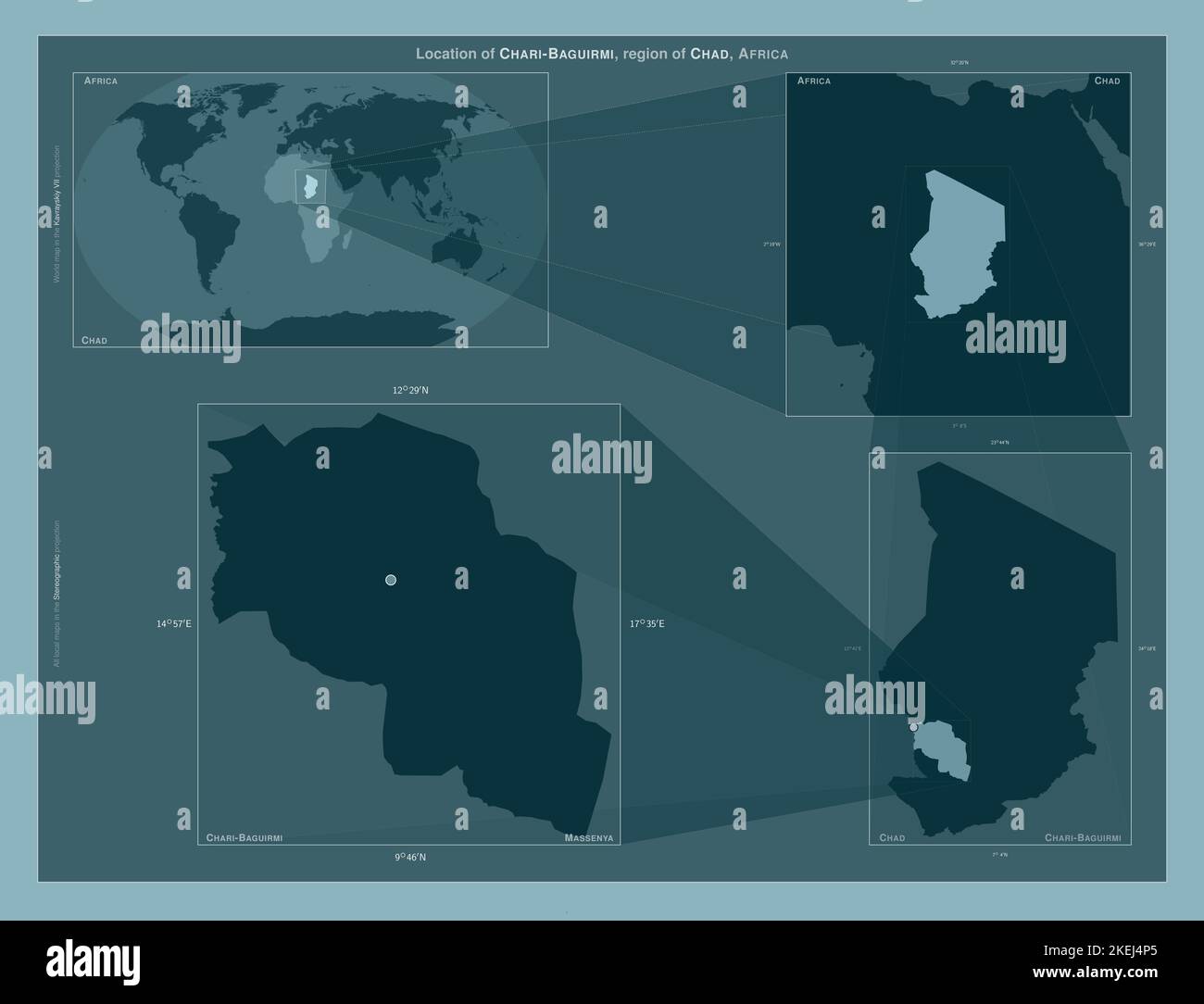 Chari-Baguirmi, region of Chad. Diagram showing the location of the region on larger-scale maps. Composition of vector frames and PNG shapes on a soli Stock Photo