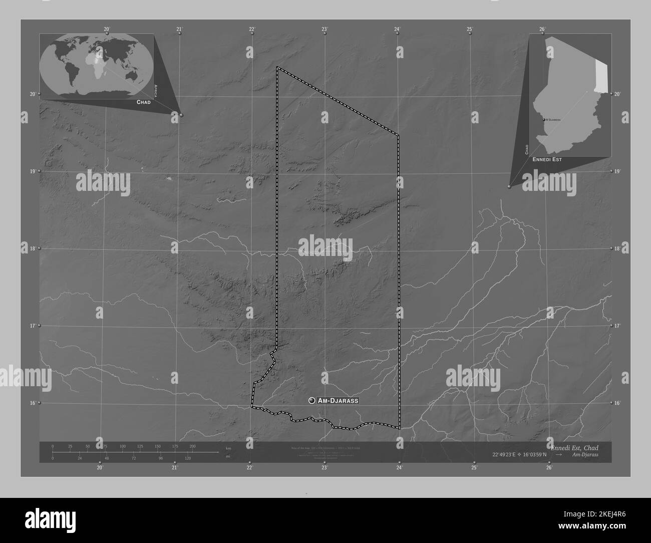 Ennedi Est, region of Chad. Grayscale elevation map with lakes and rivers. Locations and names of major cities of the region. Corner auxiliary locatio Stock Photo