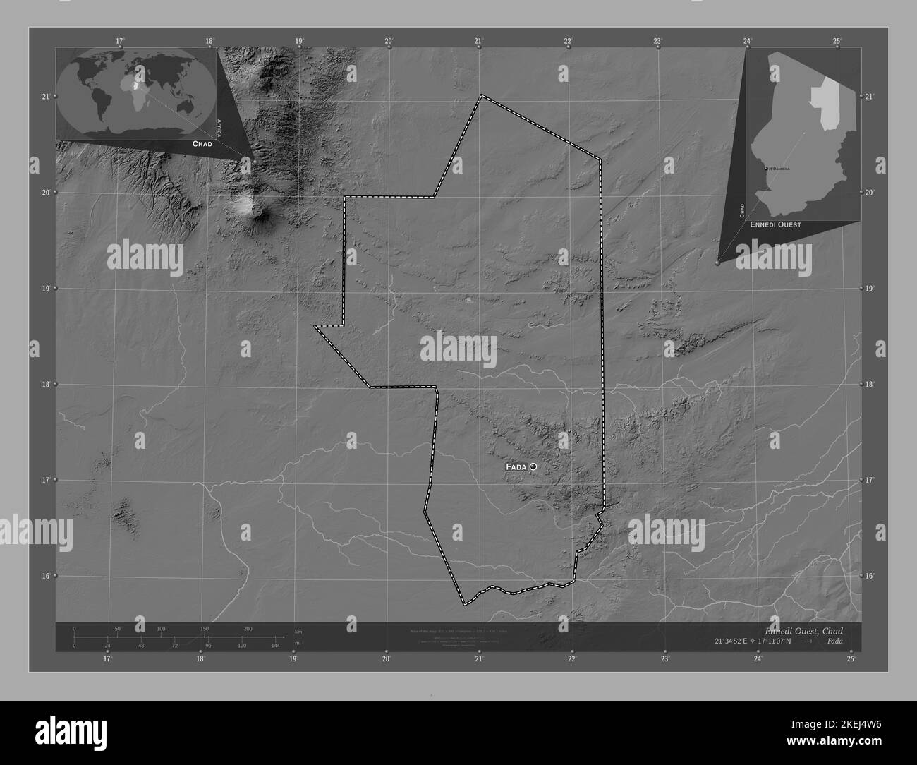 Ennedi Ouest, region of Chad. Bilevel elevation map with lakes and ...