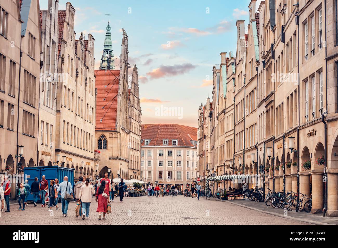 26 July 2022, Munster, Germany: Old houses with exquisite gables on the Prinzipalmarkt street where numerous shops and galleries are located. Travel a Stock Photo