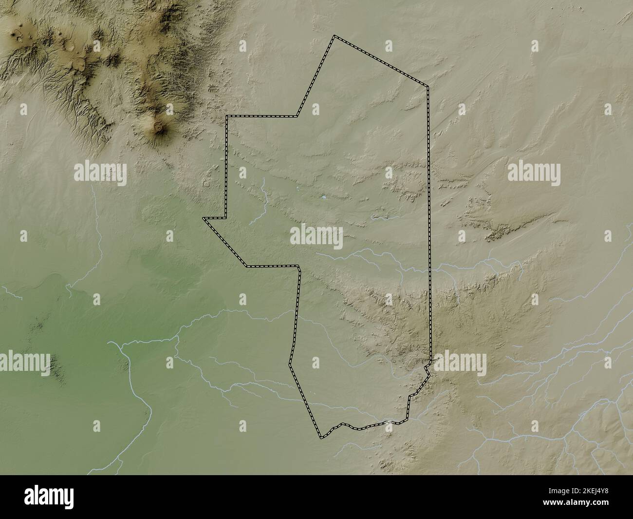 Ennedi Ouest, region of Chad. Elevation map colored in wiki style with lakes and rivers Stock Photo