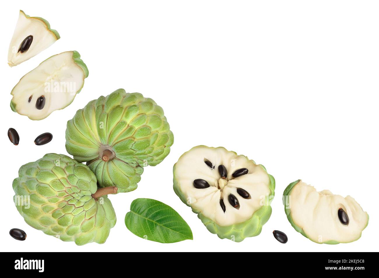 Sugar apple or custard apple isolated on white background with. Exotic tropical Thai annona or cherimoya fruit. Top view. Flat lay Stock Photo