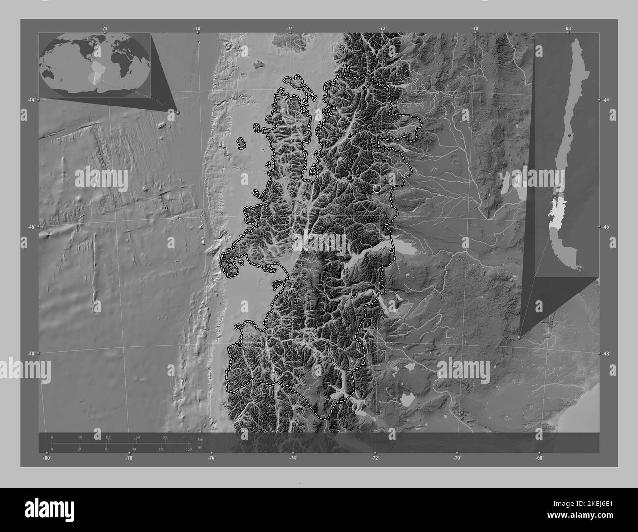 Aisen del General Carlos Ibanez del Campo, region of Chile. Grayscale elevation map with lakes and rivers. Locations of major cities of the region. Co Stock Photo