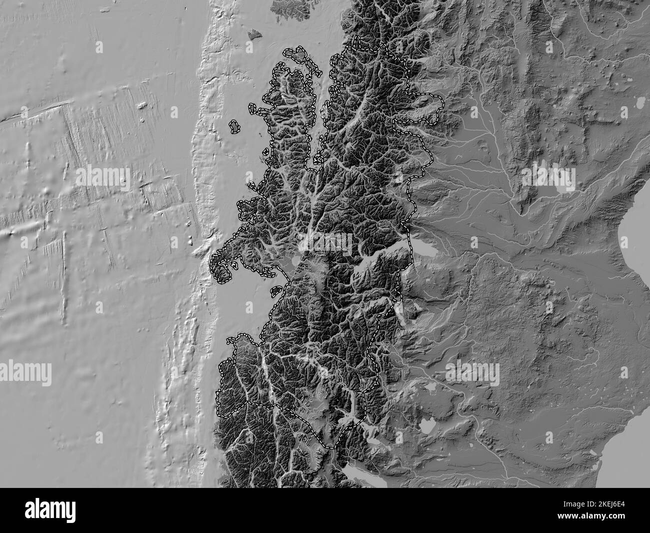 Aisen del General Carlos Ibanez del Campo, region of Chile. Bilevel elevation map with lakes and rivers Stock Photo