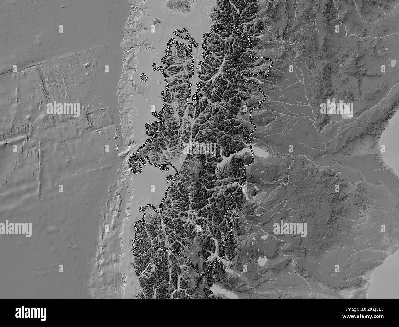 Aisen del General Carlos Ibanez del Campo, region of Chile. Grayscale elevation map with lakes and rivers Stock Photo