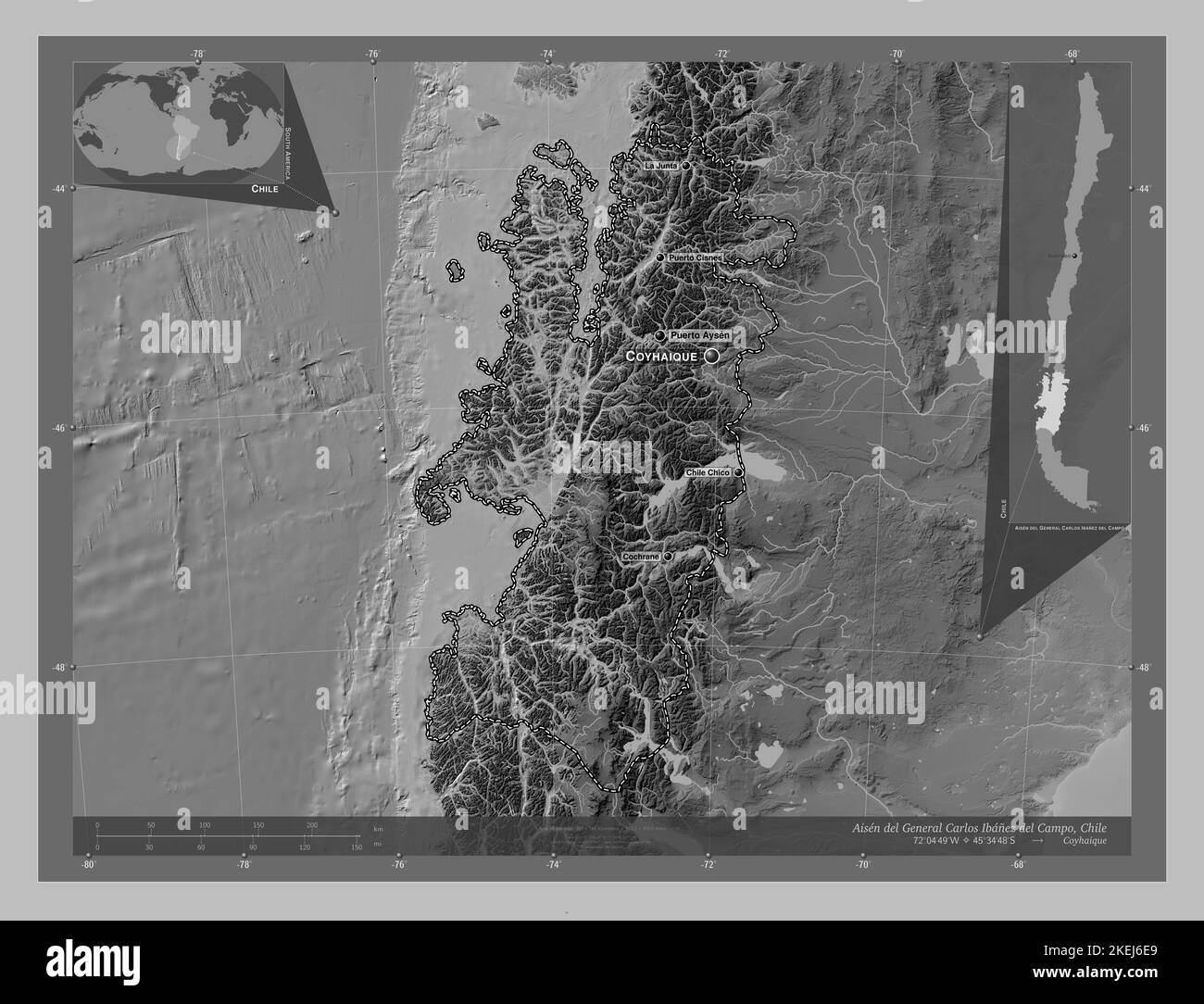 Aisen del General Carlos Ibanez del Campo, region of Chile. Grayscale elevation map with lakes and rivers. Locations and names of major cities of the Stock Photo