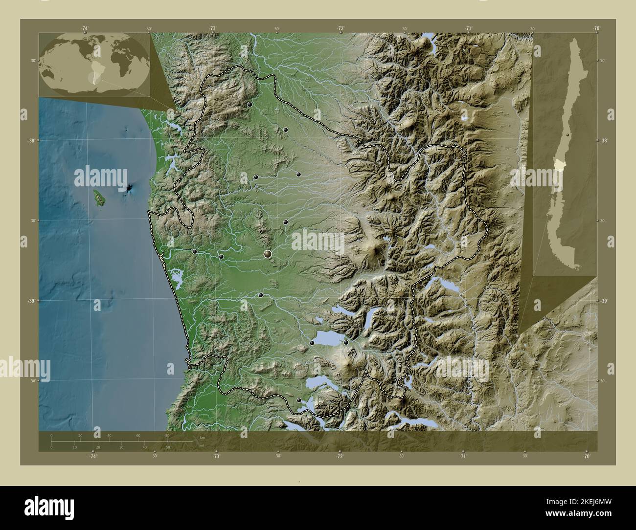Araucania, region of Chile. Elevation map colored in wiki style with ...