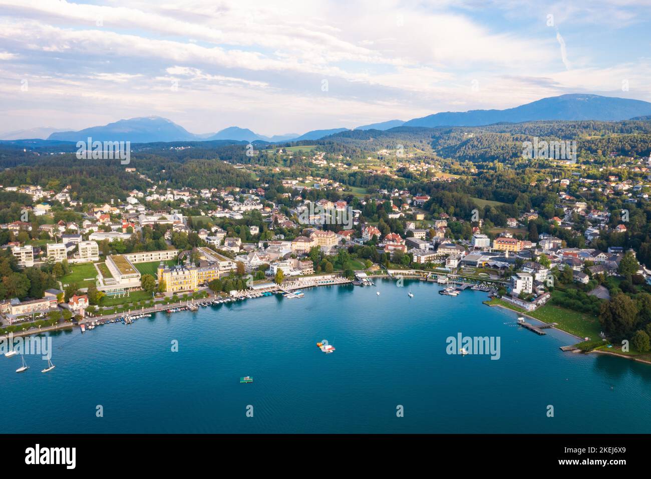 Aerial view to Lake Wörthersee in the Carinthia (Kärnten) region in the South of Austria. Famous touristic destination for  summer holiday. Stock Photo