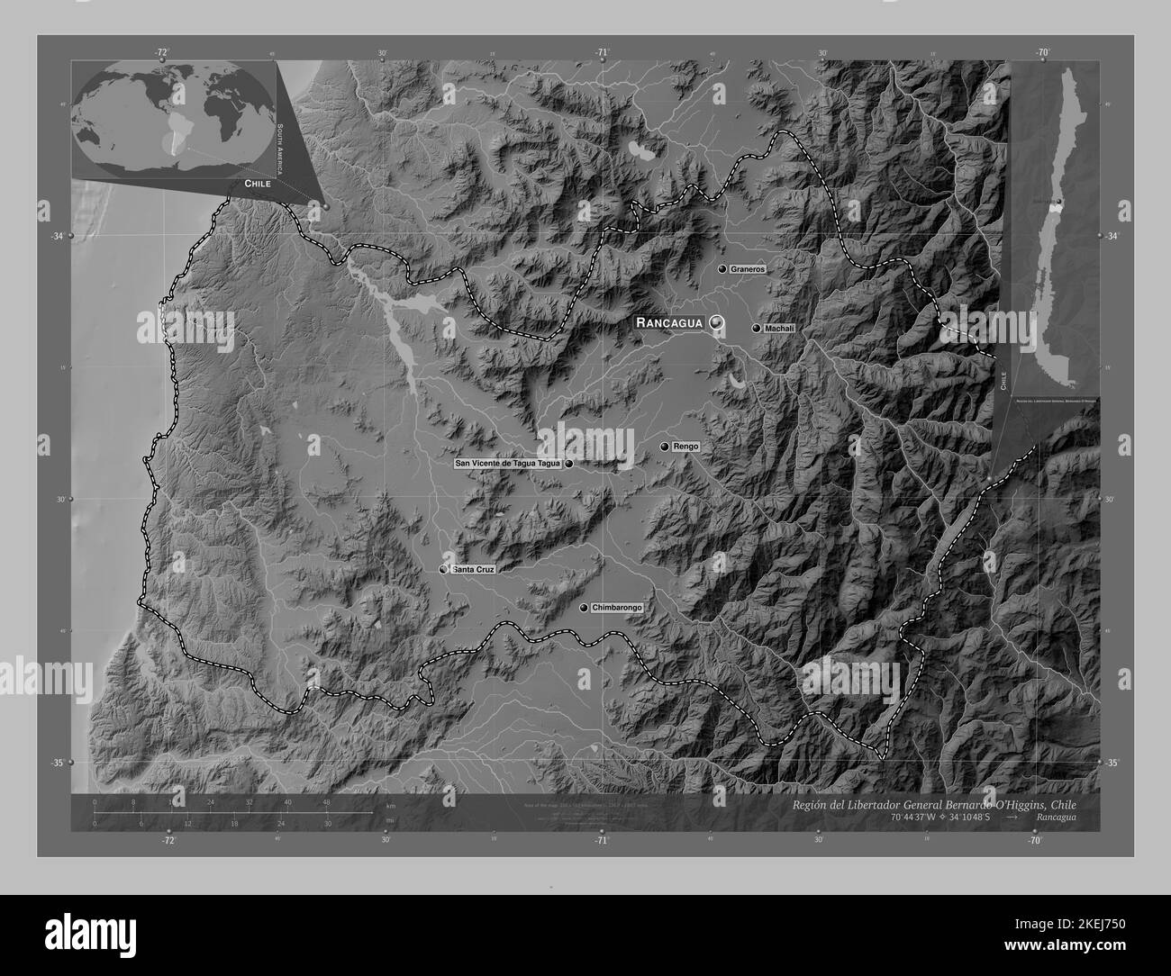 Libertador General Bernardo O'Higgins, region of Chile. Grayscale elevation map with lakes and rivers. Locations and names of major cities of the regi Stock Photo