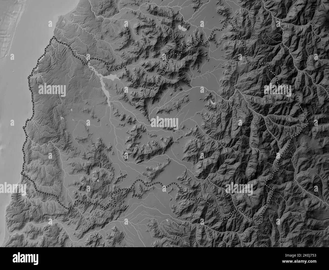 Libertador General Bernardo O'Higgins, region of Chile. Grayscale elevation map with lakes and rivers Stock Photo