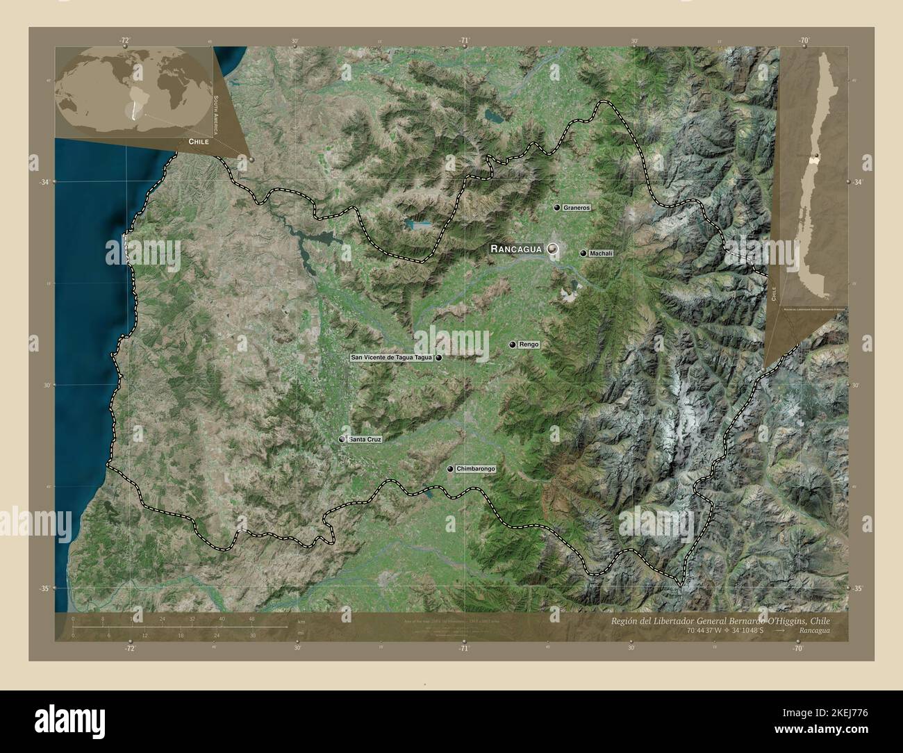 Libertador General Bernardo O'Higgins, region of Chile. High resolution satellite map. Locations and names of major cities of the region. Corner auxil Stock Photo