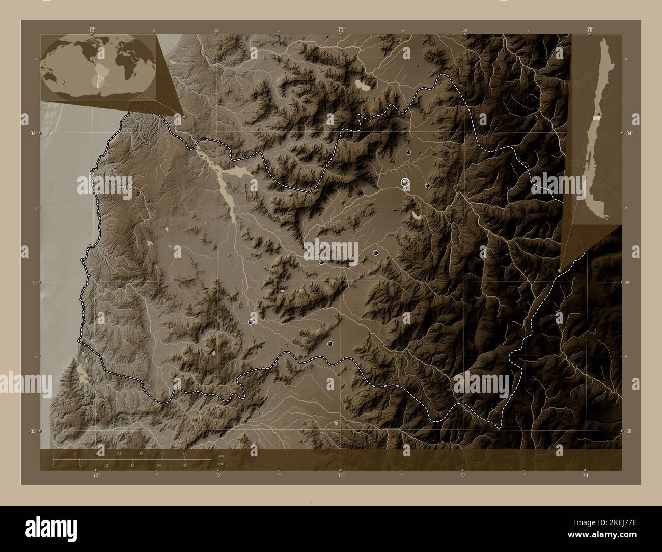 Libertador General Bernardo O'Higgins, region of Chile. Elevation map colored in sepia tones with lakes and rivers. Locations of major cities of the r Stock Photo