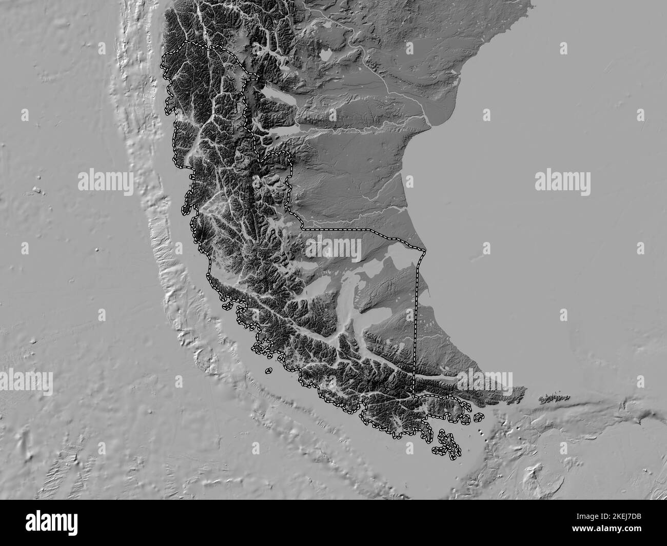 Magallanes y Antartica Chilena, region of Chile. Bilevel elevation map with lakes and rivers Stock Photo