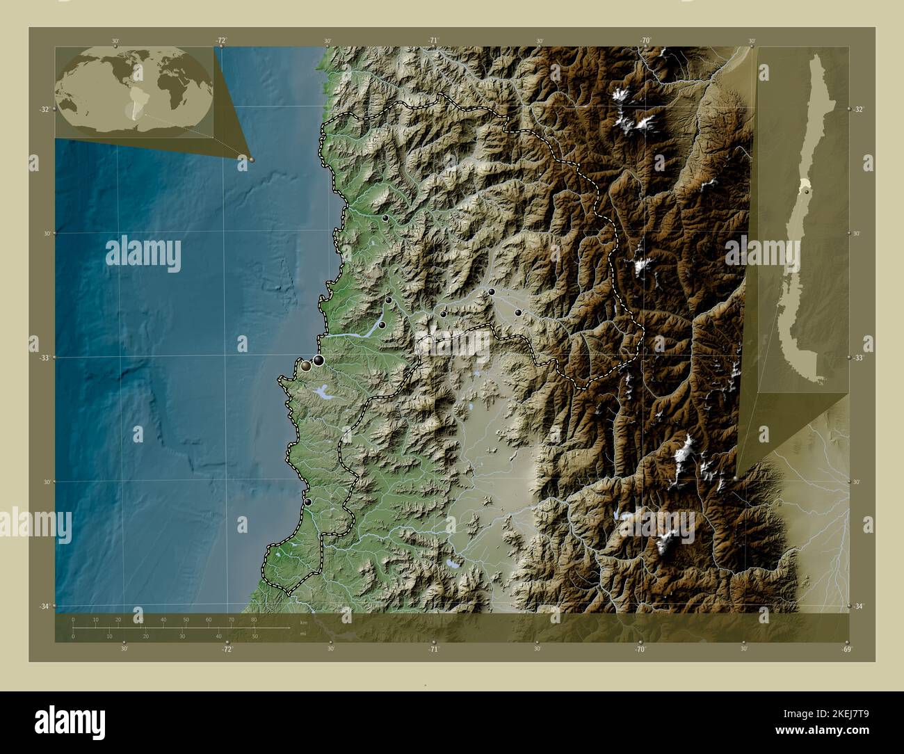 Valparaiso, region of Chile. Elevation map colored in wiki style with