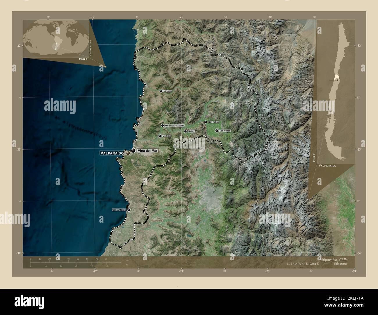 Valparaiso, region of Chile. High resolution satellite map. Locations