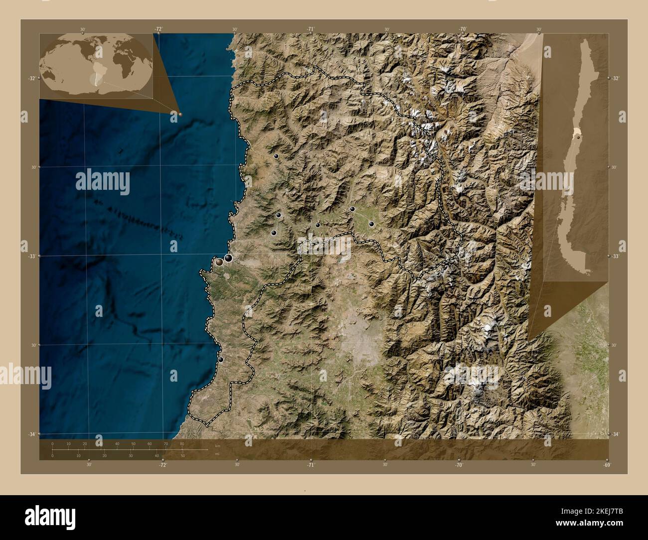 Valparaiso, region of Chile. Low resolution satellite map. Locations of