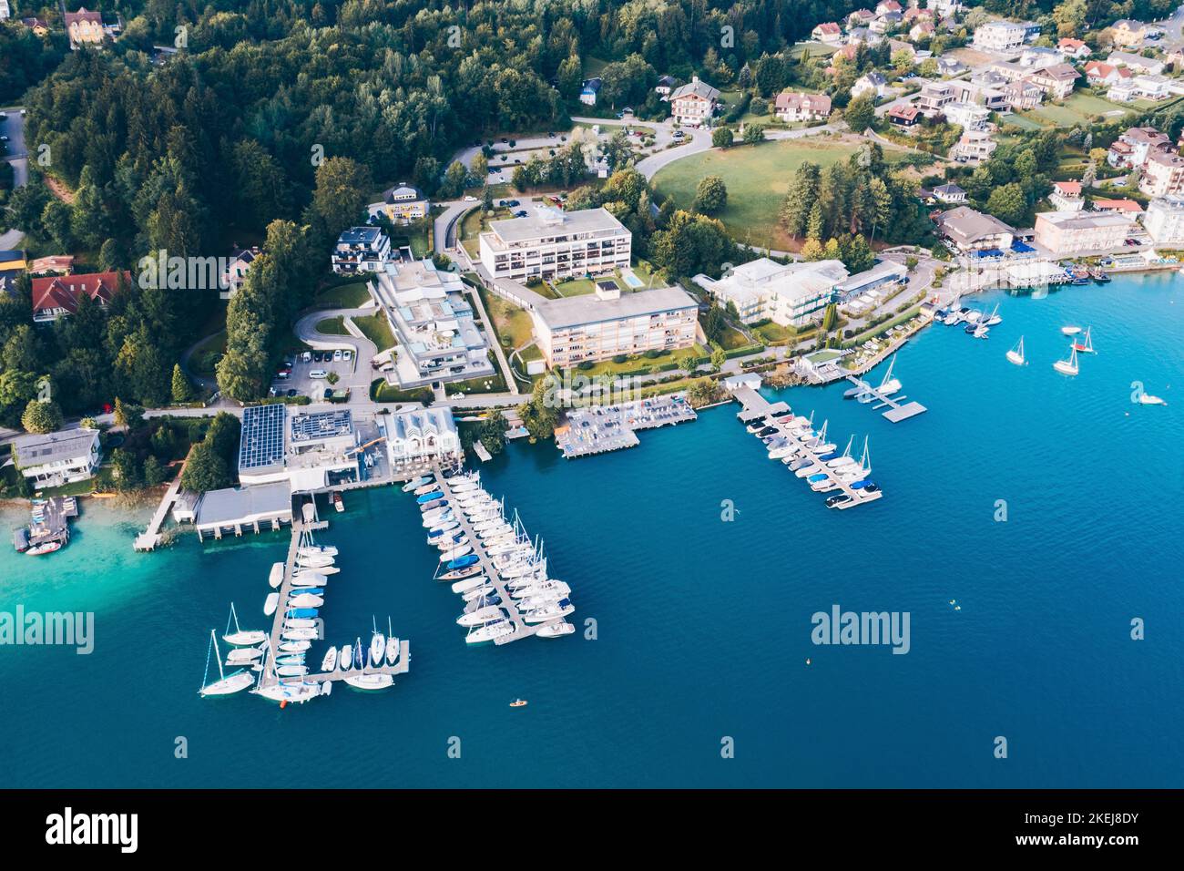 Aerial view to the Yacht harbour in Velden at the Lake Wörthersee in Carinthia, Austria. Famous luxury touristic summer holiday location. Stock Photo
