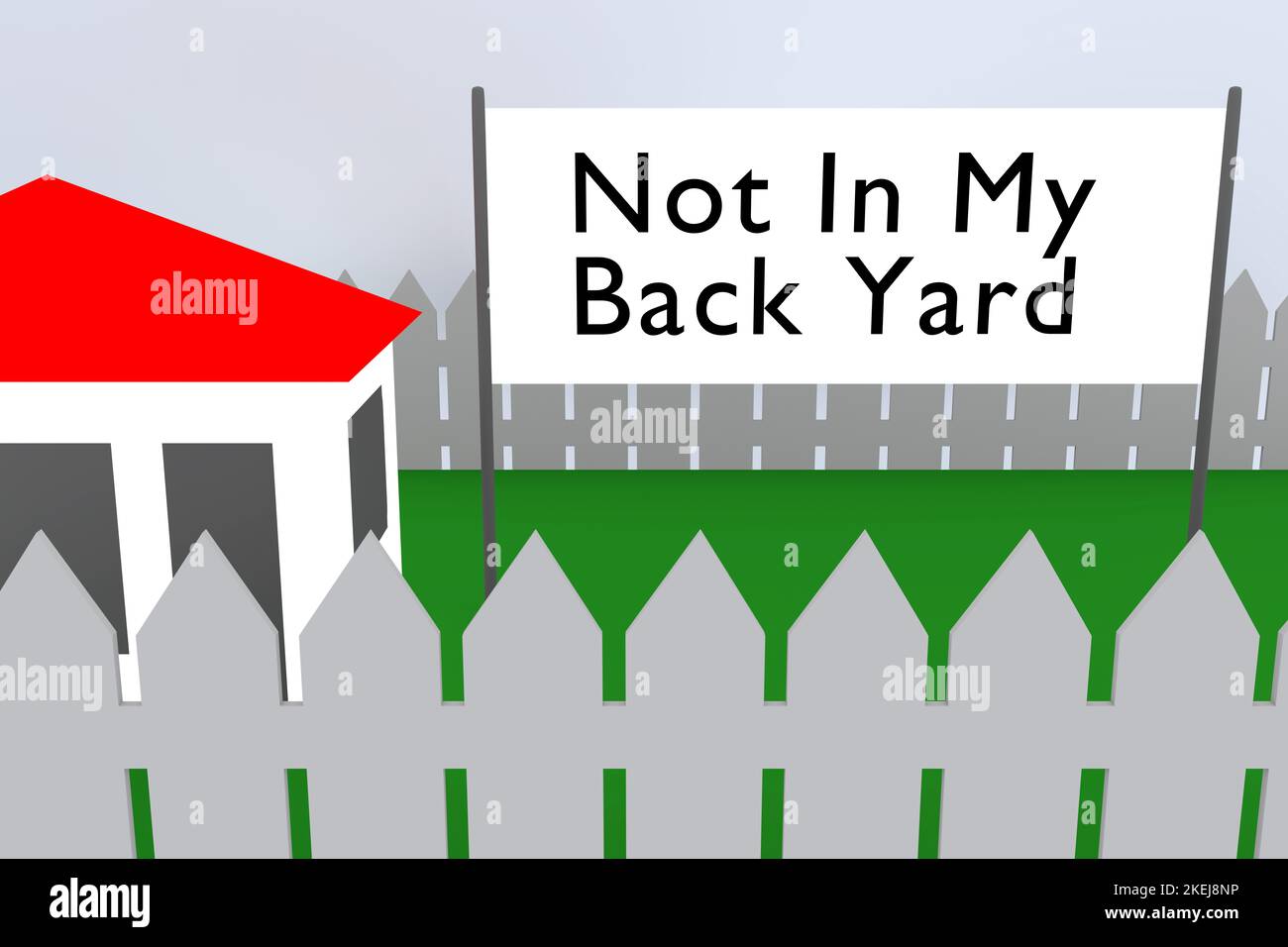 3D illustration of a the script Not In My Back Yard on placard in a private yard. Stock Photo