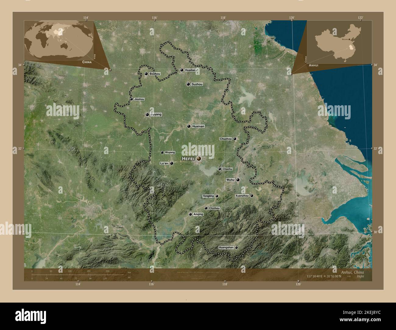 Anhui, province of China. Low resolution satellite map. Locations and names of major cities of the region. Corner auxiliary location maps Stock Photo