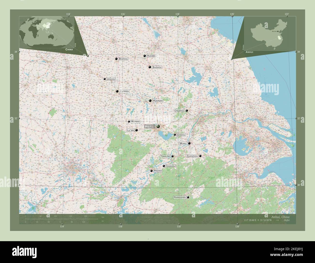 Anhui, province of China. Open Street Map. Locations and names of major cities of the region. Corner auxiliary location maps Stock Photo