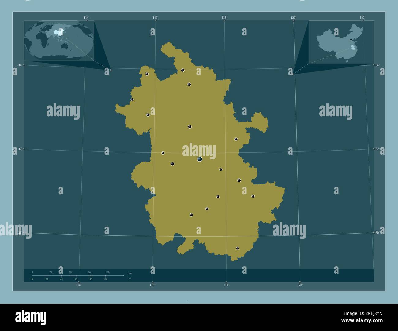 Anhui, province of China. Solid color shape. Locations of major cities of the region. Corner auxiliary location maps Stock Photo