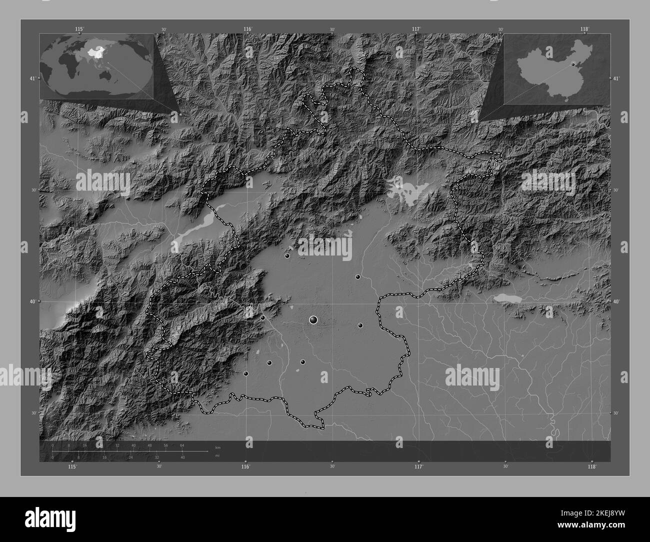 Beijing, municipality of China. Bilevel elevation map with lakes and rivers. Locations of major cities of the region. Corner auxiliary location maps Stock Photo