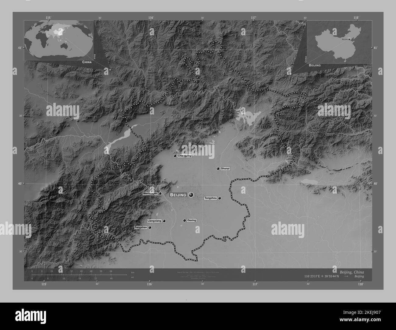 Beijing, municipality of China. Grayscale elevation map with lakes and rivers. Locations and names of major cities of the region. Corner auxiliary loc Stock Photo