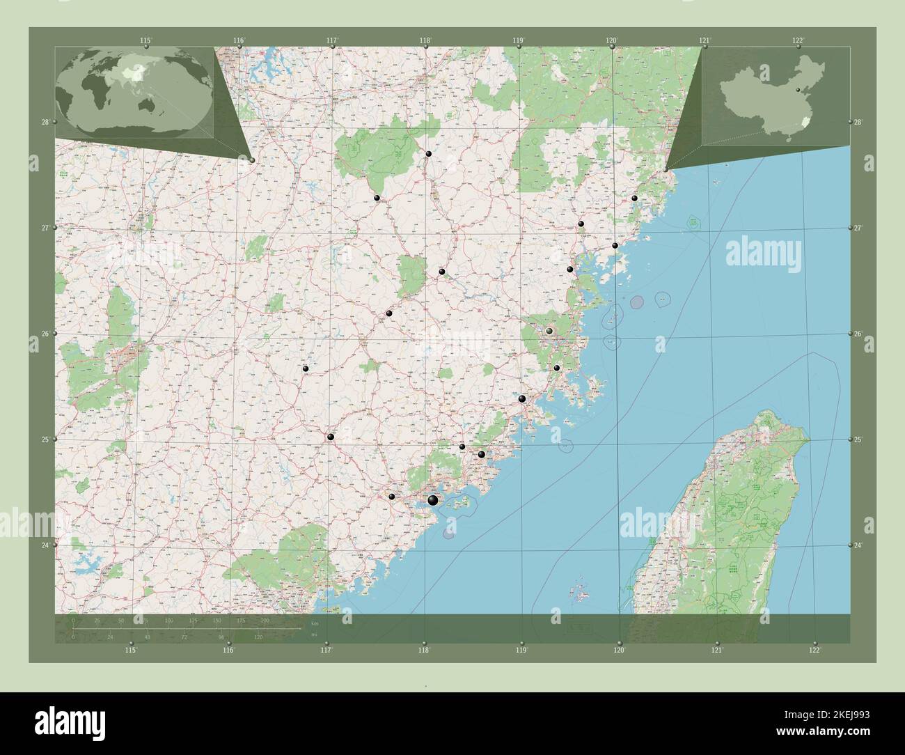 Fujian, province of China. Open Street Map. Locations of major cities of the region. Corner auxiliary location maps Stock Photo