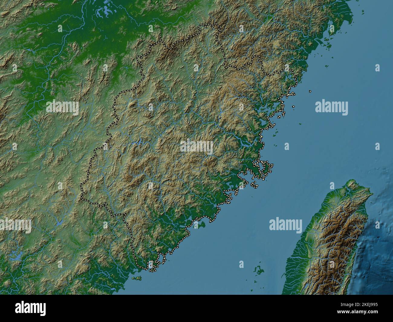 Fujian, province of China. Colored elevation map with lakes and rivers Stock Photo