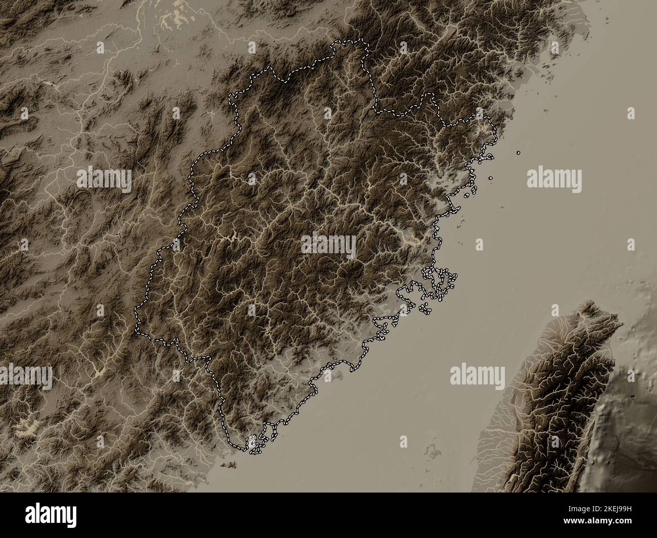 Fujian, province of China. Elevation map colored in sepia tones with lakes and rivers Stock Photo