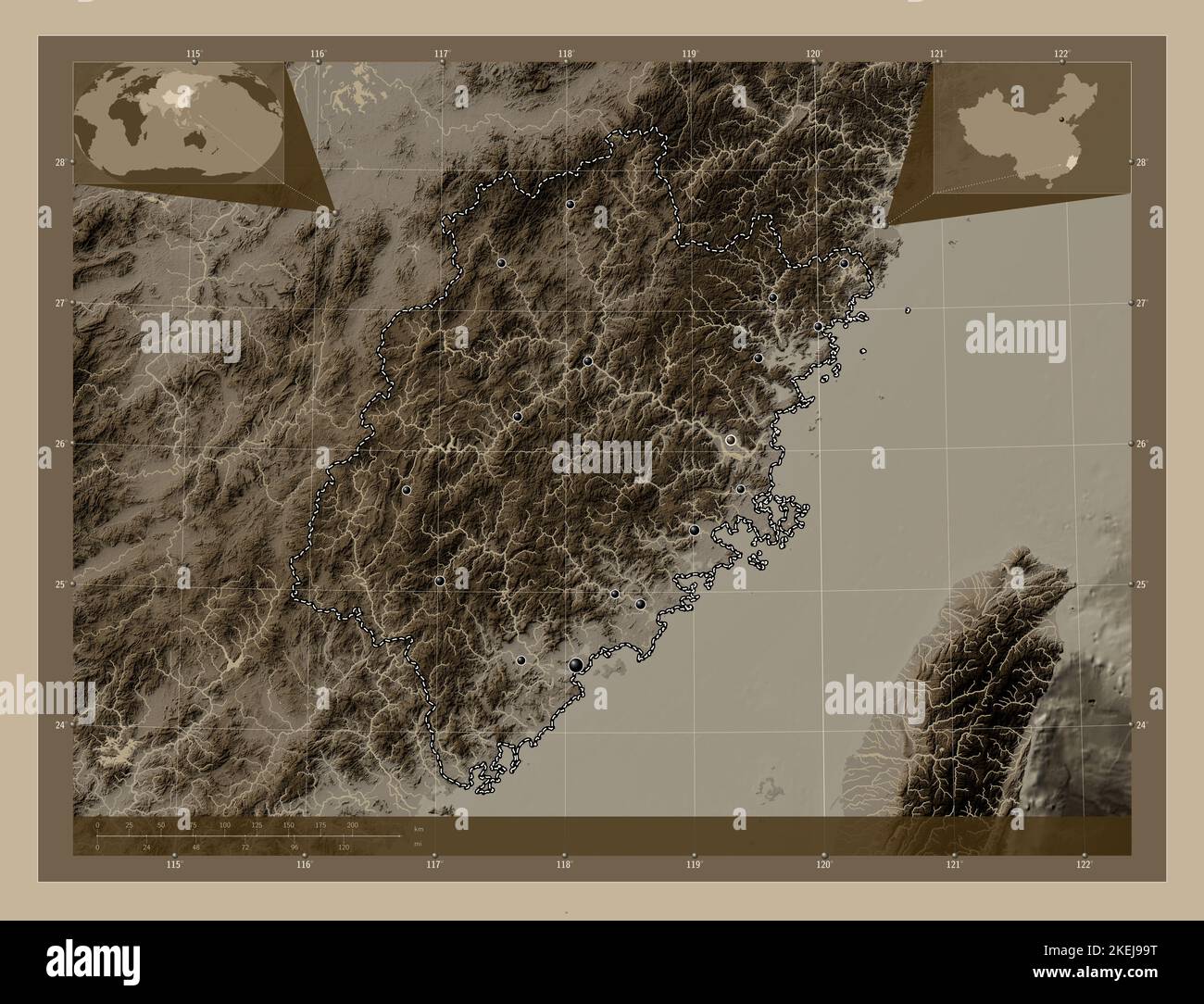 Fujian, province of China. Elevation map colored in sepia tones with lakes and rivers. Locations of major cities of the region. Corner auxiliary locat Stock Photo