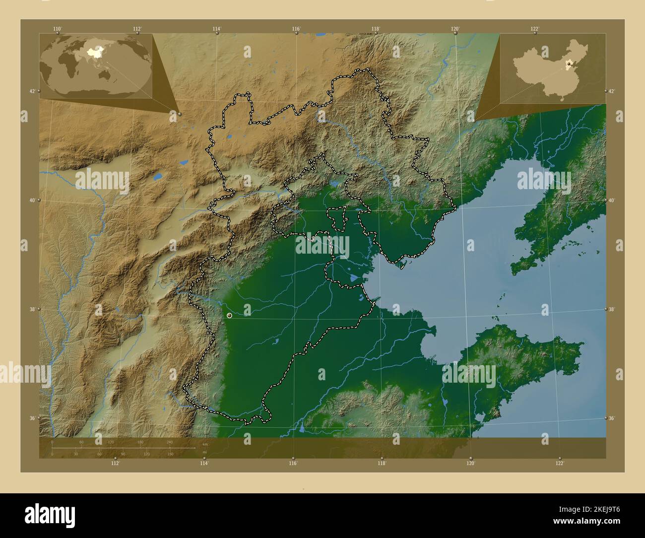 Hebei, province of China. Colored elevation map with lakes and rivers