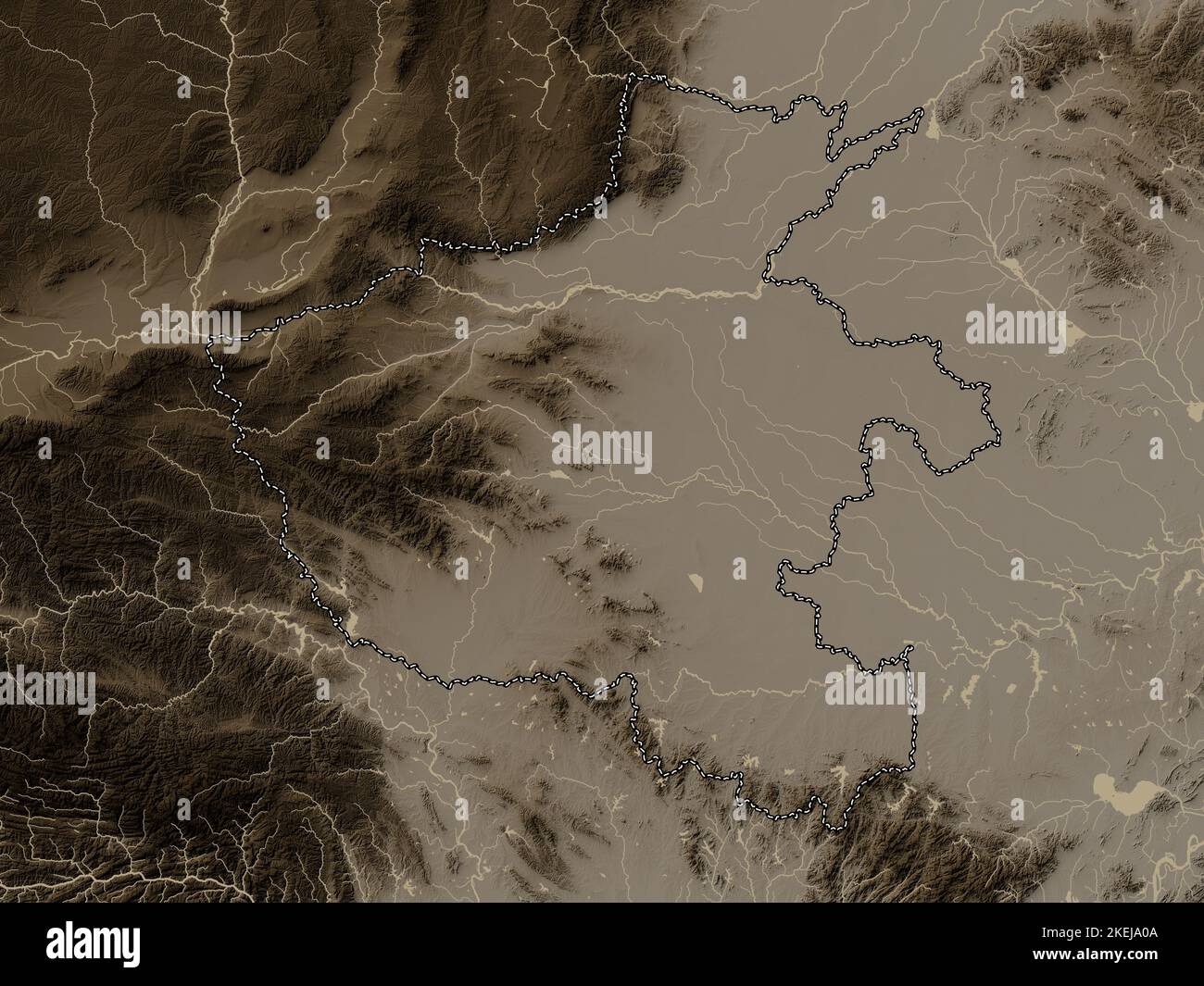 Henan, province of China. Elevation map colored in sepia tones with lakes and rivers Stock Photo