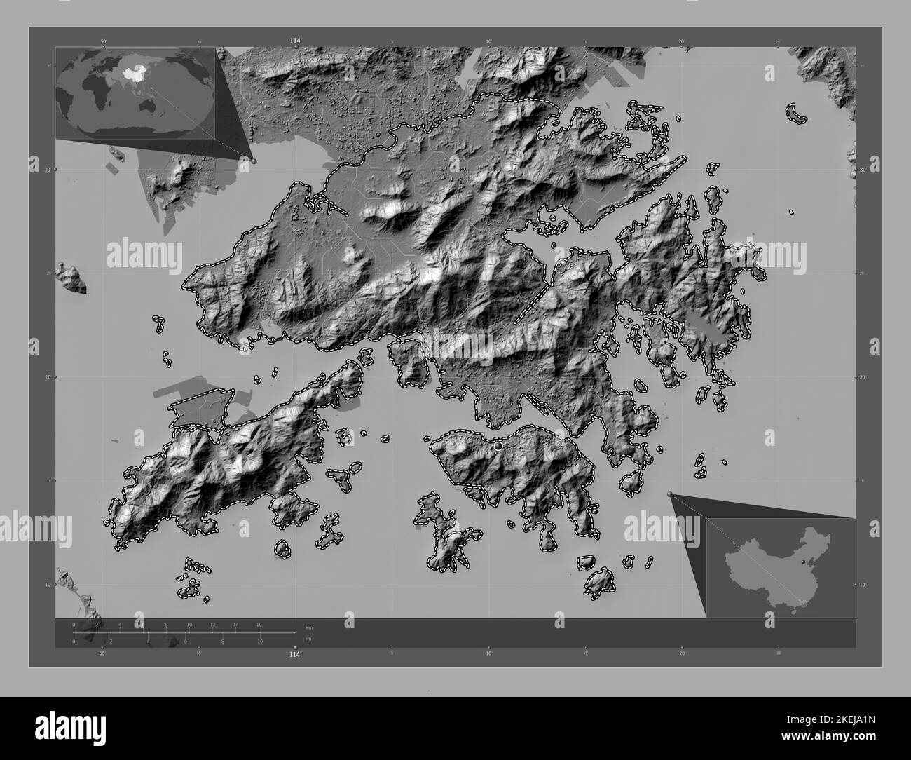 Hong Kong, autonomous region of China. Bilevel elevation map with lakes