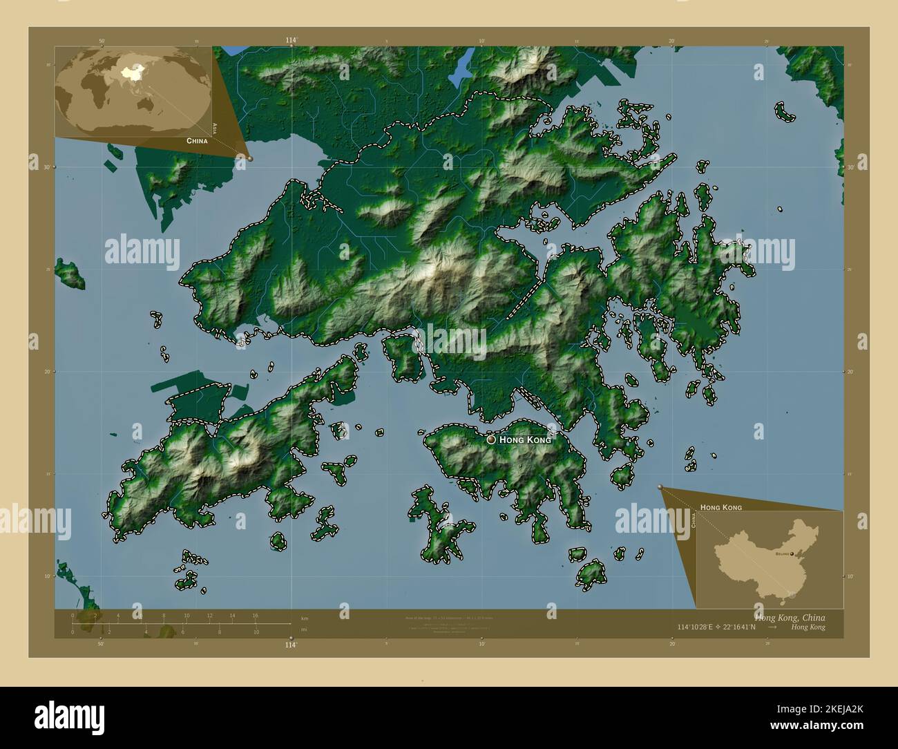 Hong Kong, autonomous region of China. Colored elevation map with lakes