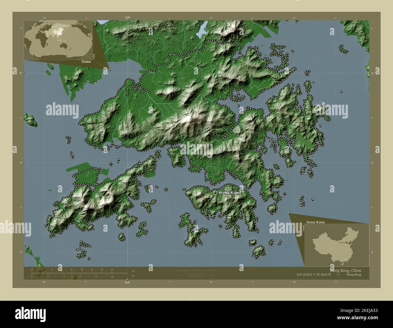 Hong Kong, autonomous region of China. Elevation map colored in wiki