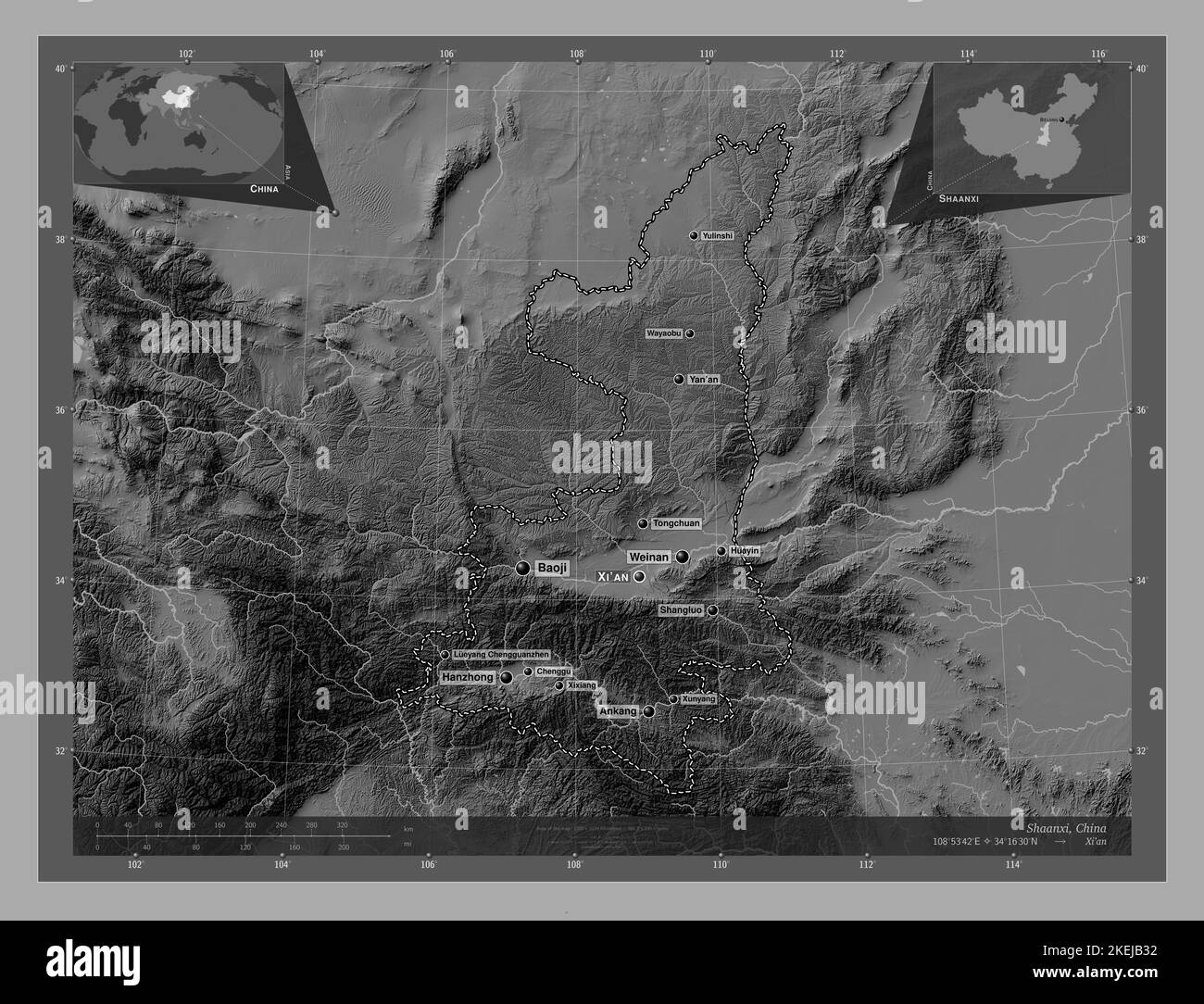 Shaanxi, province of China. Bilevel elevation map with lakes and rivers ...