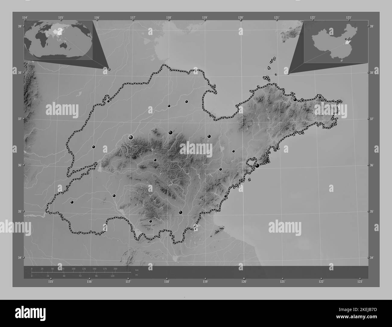 Shandong, province of China. Grayscale elevation map with lakes and