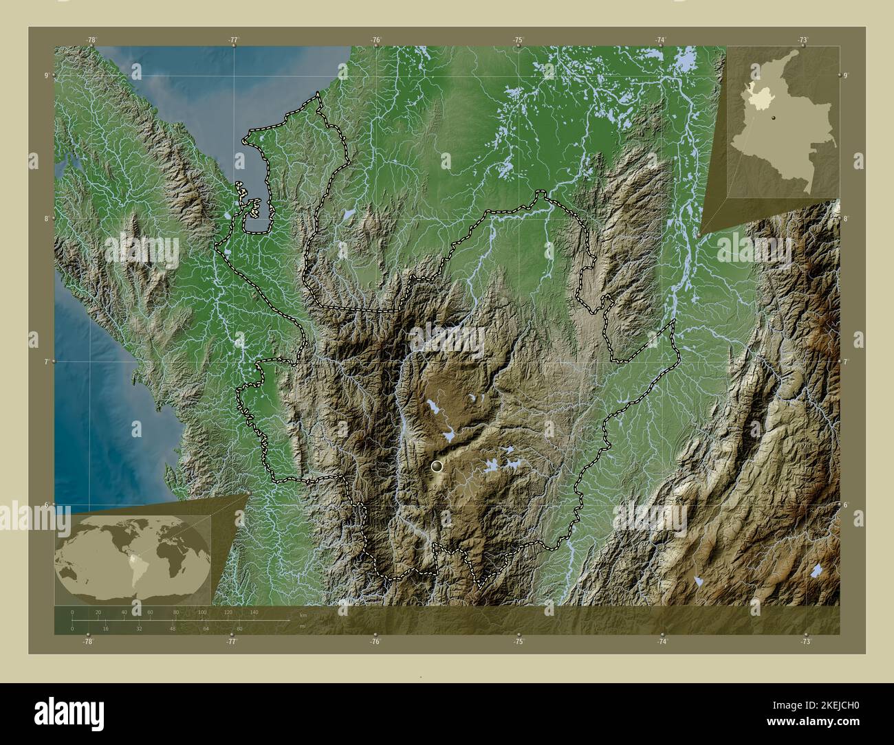 Antioquia, department of Colombia. Elevation map colored in wiki style ...