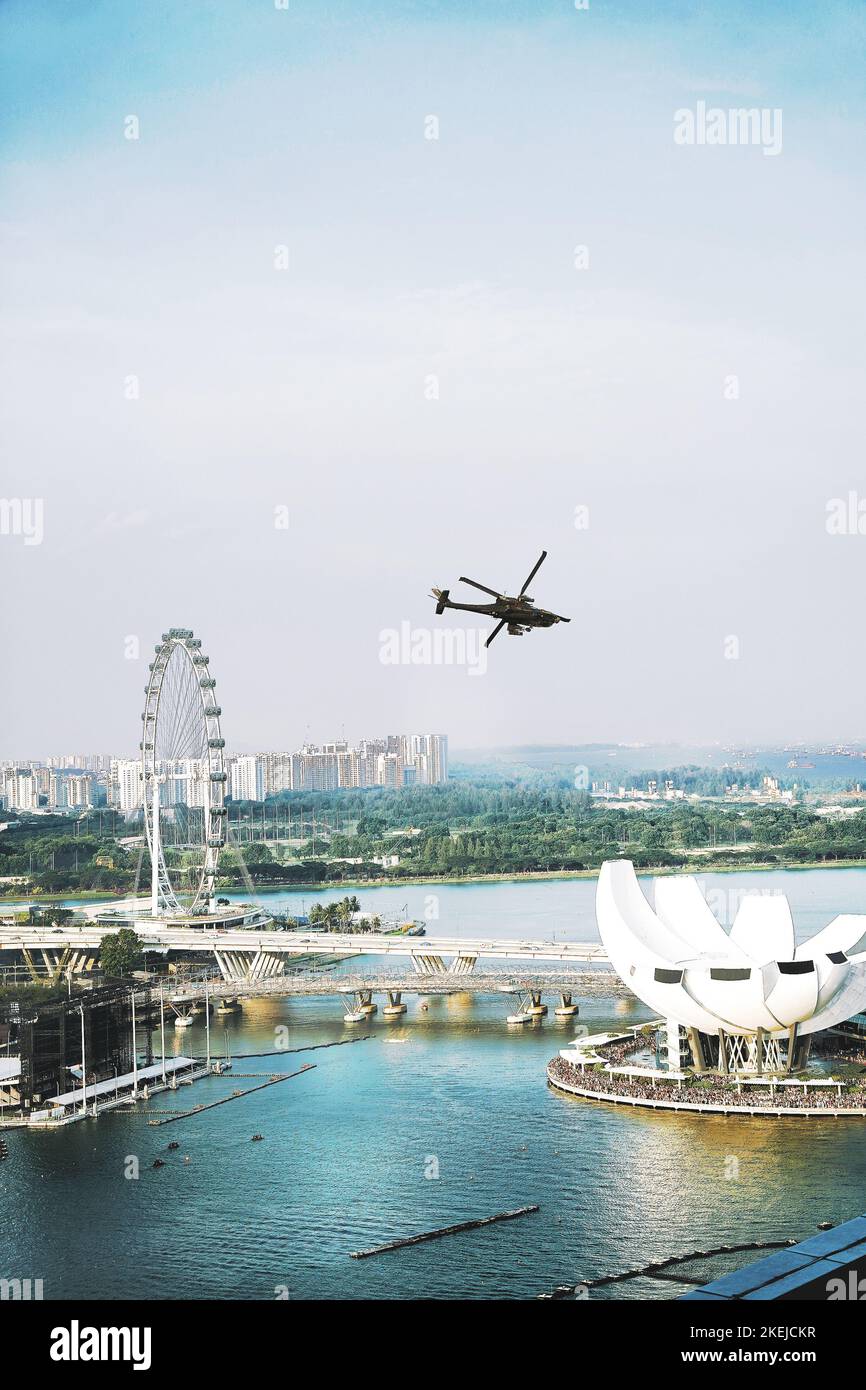 A bird's eye view of a helicopter flying over Singapore on National Day Parade Stock Photo