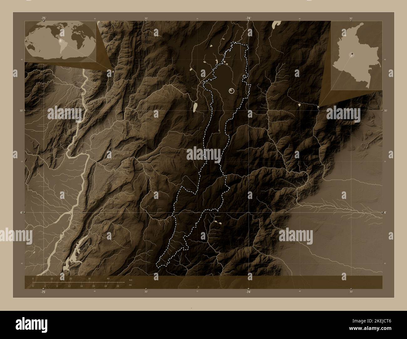 Capital District of Bogota, capital district of Colombia. Elevation map colored in sepia tones