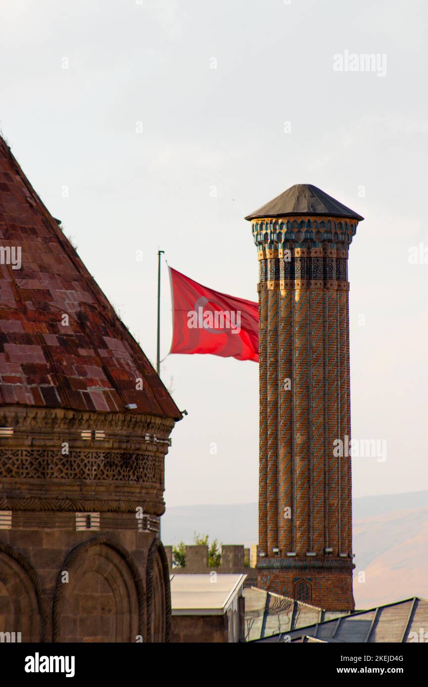Central Asian architectural symbols; minaret, cupola, clock tower, castle, flag, mosque. Erzurum symbol architectural structures. Erzurum, Turkey. Stock Photo