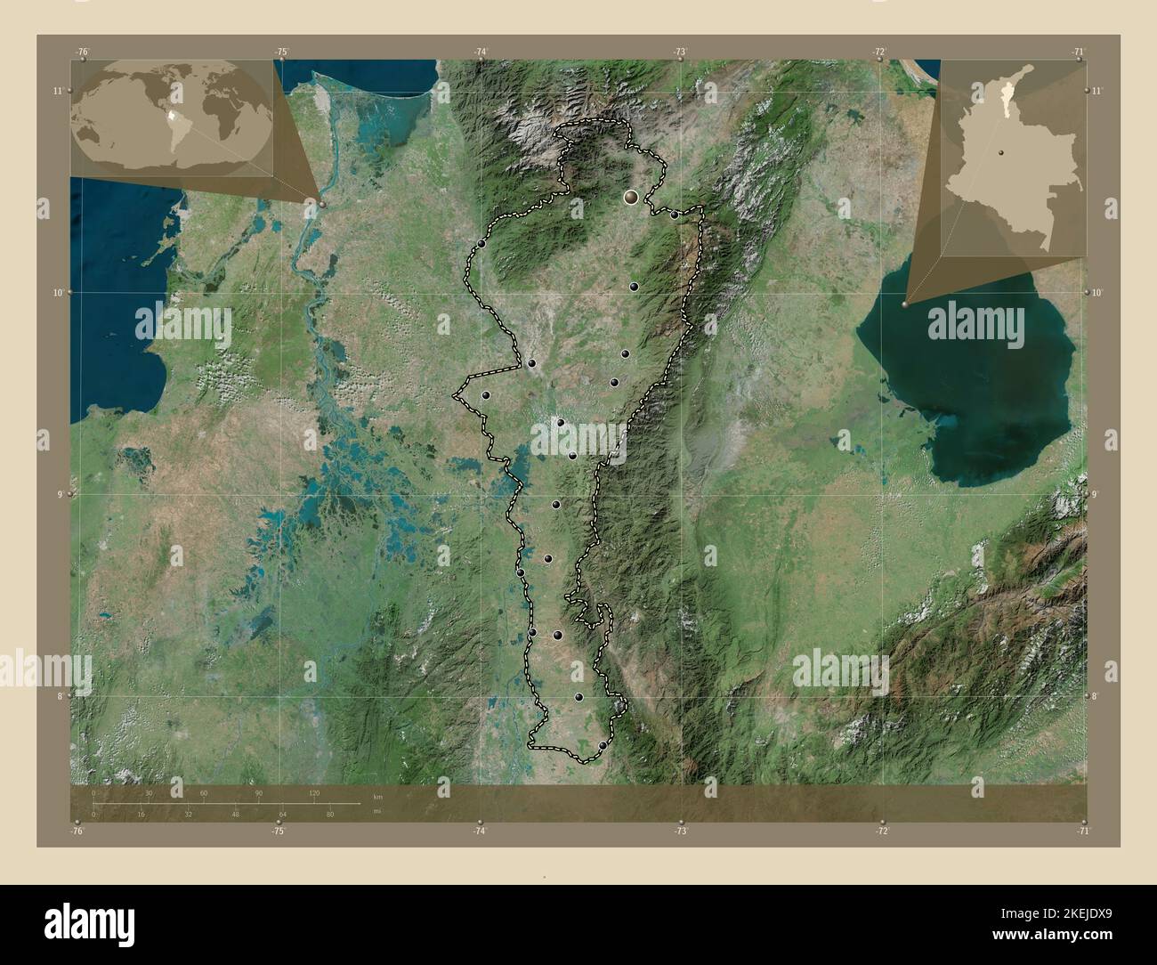 Cesar, department of Colombia. High resolution satellite map. Locations ...