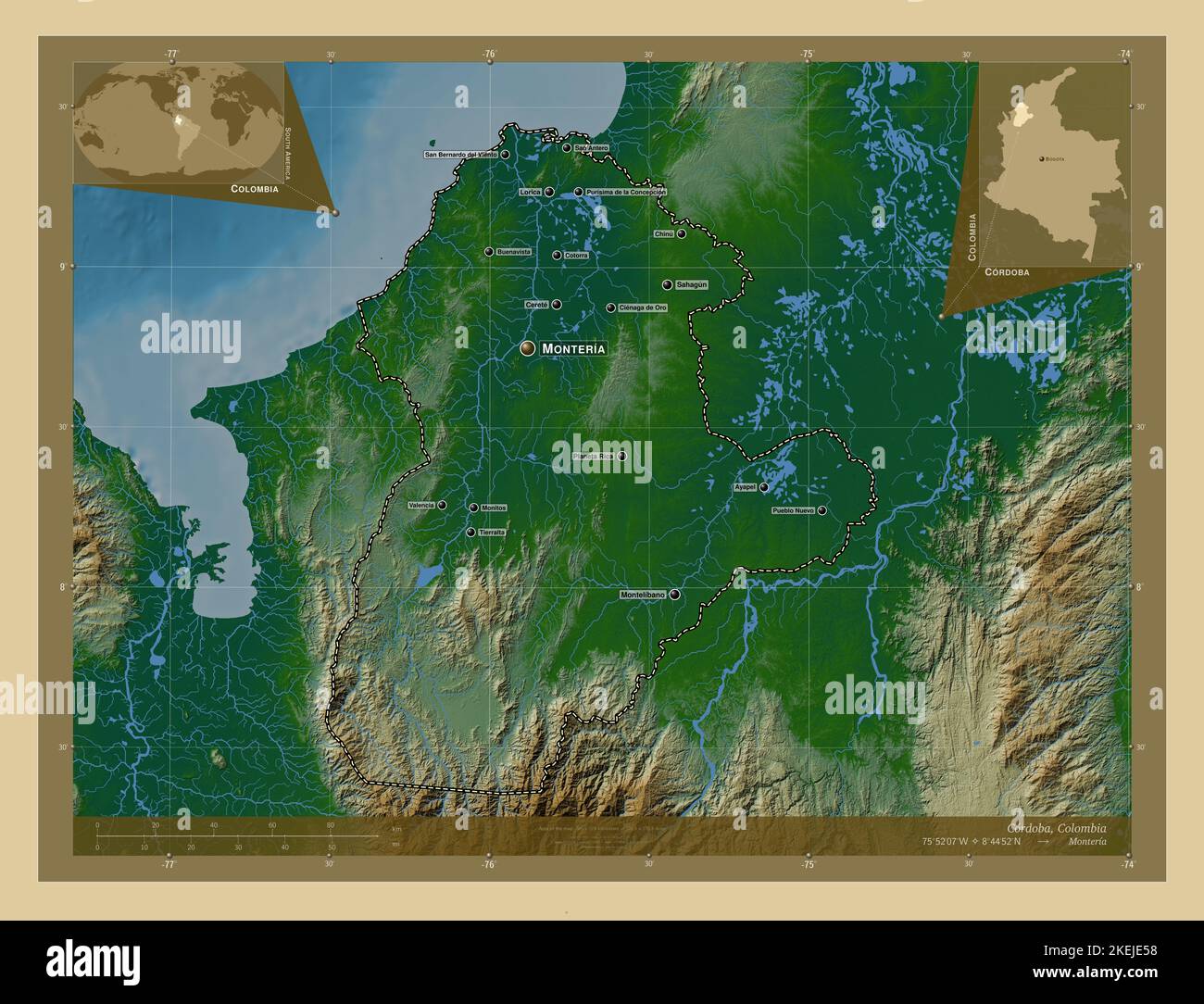 Cordoba, department of Colombia. Colored elevation map with lakes and ...