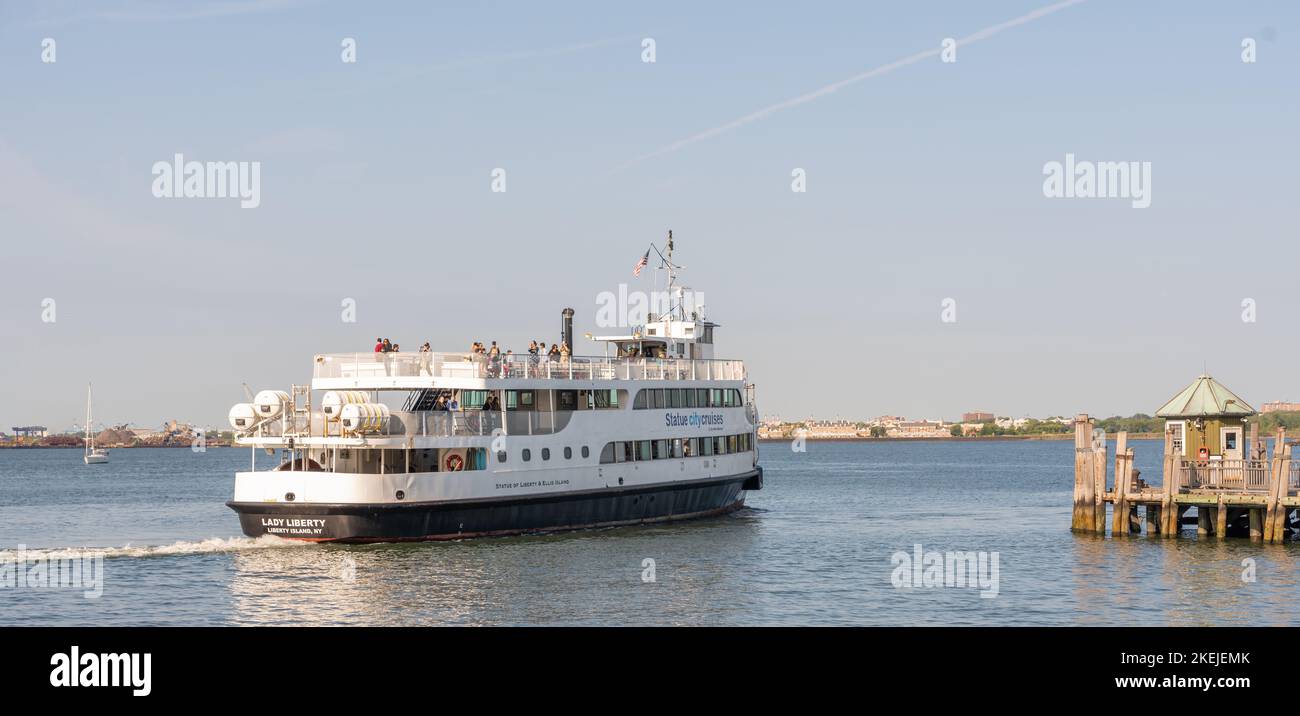 New York City, United States - September 17, 2022. The first morning ferry from New York to Liberty Island with tourists who want to see the Statue of Stock Photo
