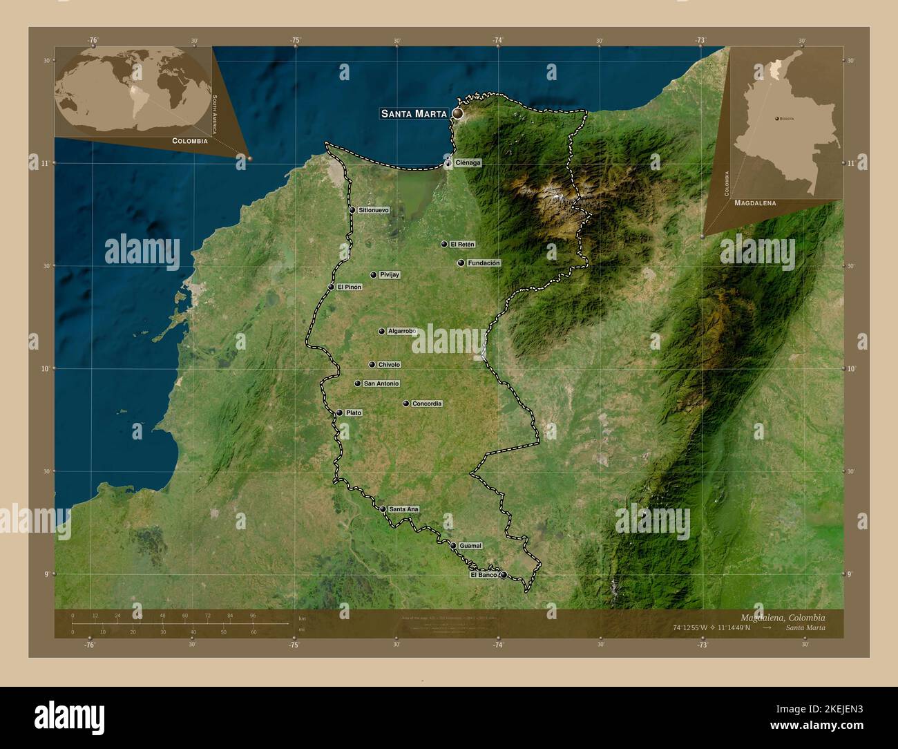 Magdalena, department of Colombia. Low resolution satellite map
