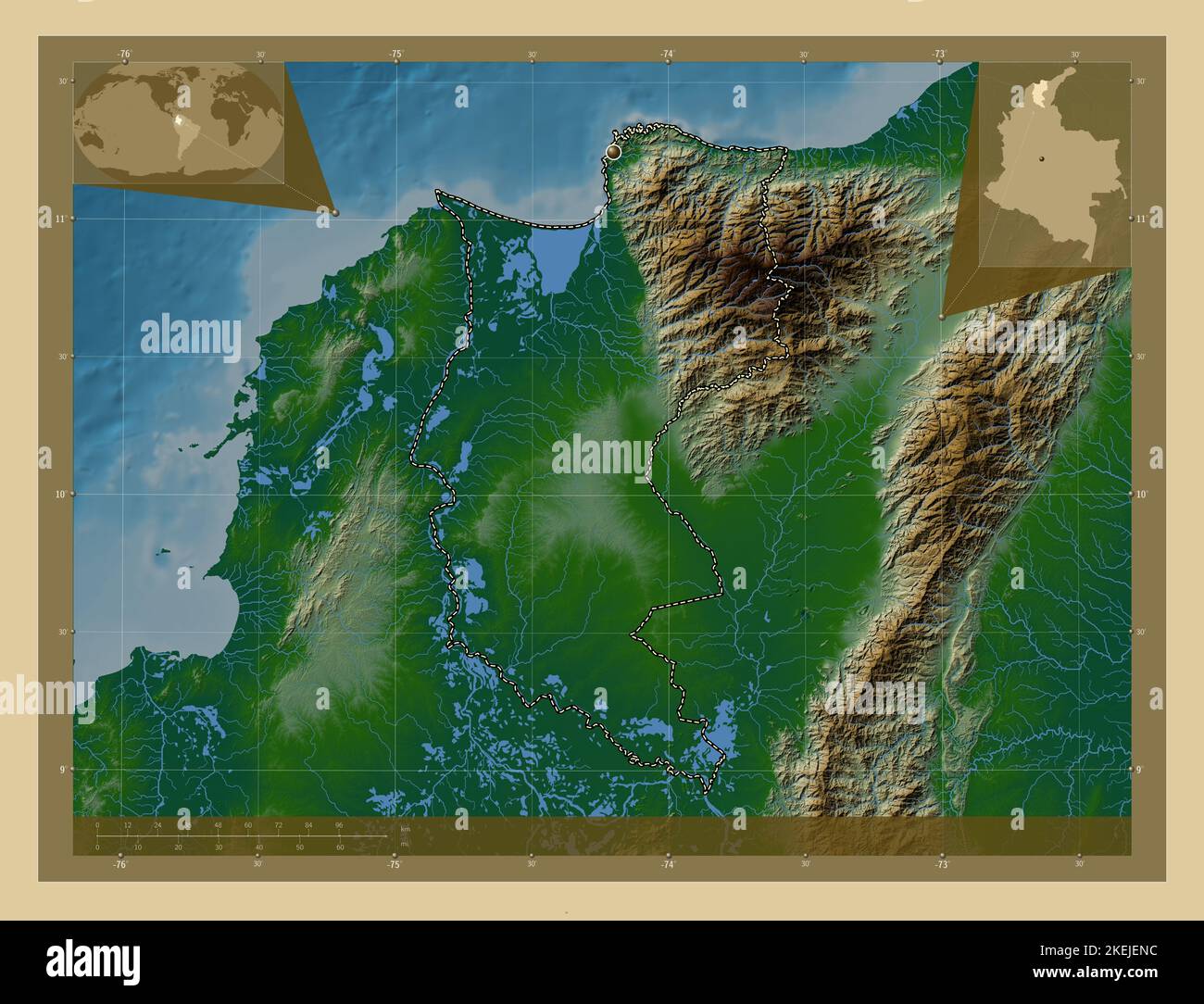 Magdalena, department of Colombia. Colored elevation map with lakes and