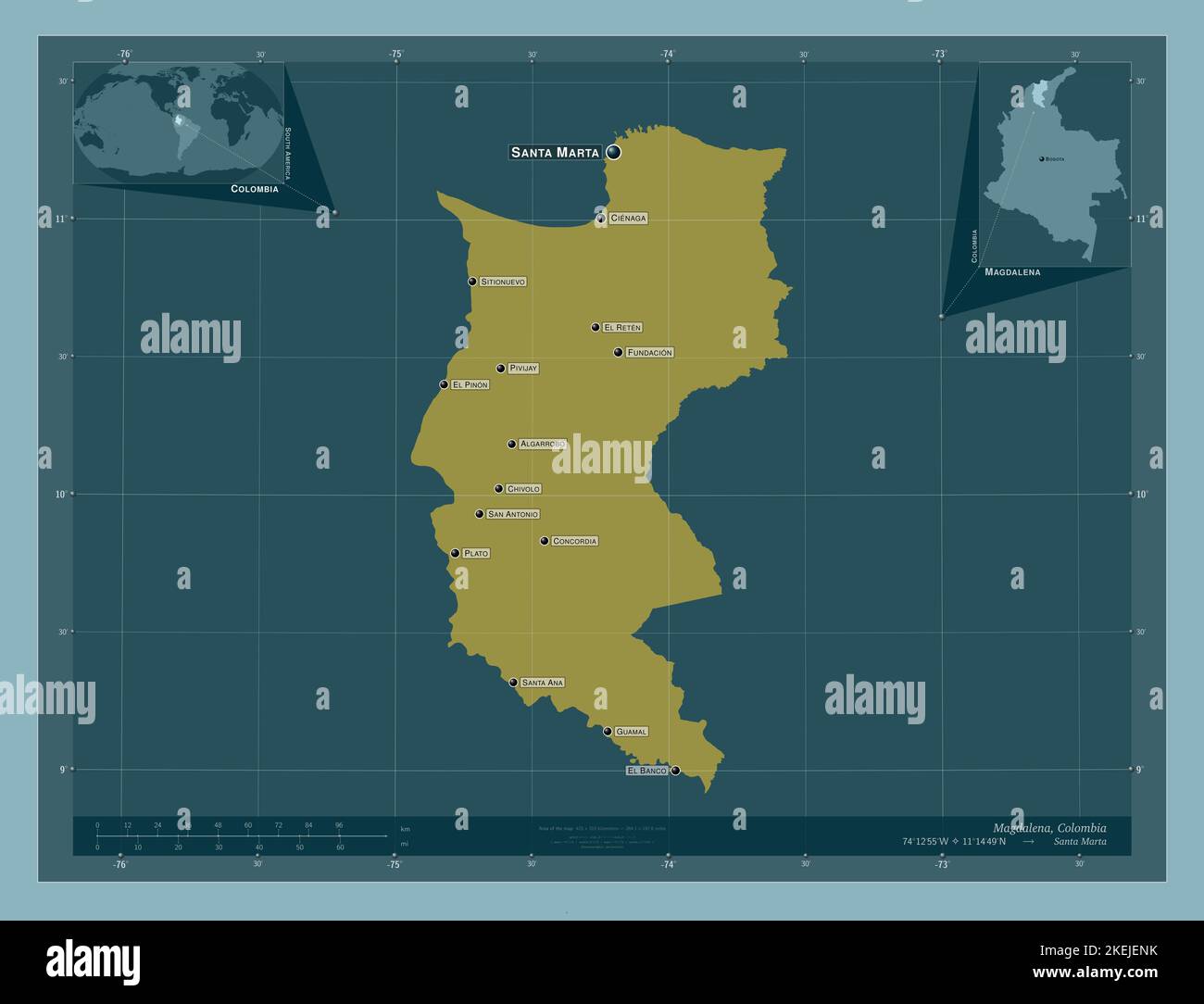 Magdalena, department of Colombia. Solid color shape. Locations and